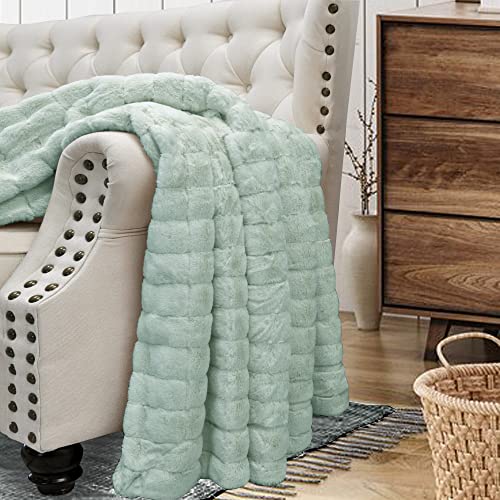 BYTIDE Stripe Faux Fur Plush Throw Blankets with Sherpa Back, Super Soft Warm Cozy Fluffy Fuzzy Reversible Luxury Throw for Couch Sofa Chair Bed Cover, 50" x 60", Seafoam Blue