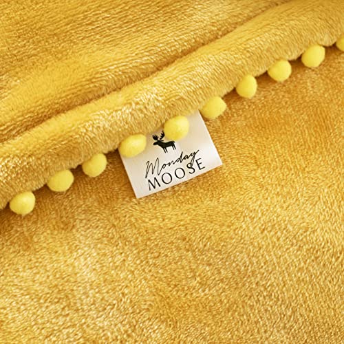 MONDAY MOOSE Cozy Fleece Throw Blanket with Pom Pom Fringe, Super Soft Lightweight Microfiber Flannel Blanket, Double-Sided Designs, for Couch Bed Sofa Home Decor (50x60 inch, Yellow/Beige)
