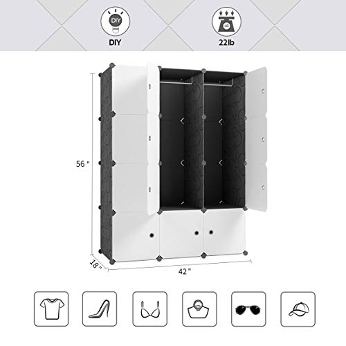 KOUSI Portable Wardrobe Closets 14"x18" Depth Cube Storage, Bedroom Armoire, Storage Organizer with Doors, 12 Cubes, Black