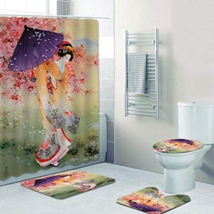 4pcs/sets shower curtain set in home bathroom oriental japanese geisha girl bath curtain shower curtains set traditional japanese woman art bathroom curtain mats home dec with 12 hooks 71x71in
