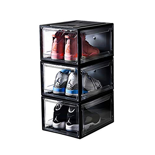 Joonly Shoe Storage Box 3 Pack Shoe Organizer Clear Acrylic Box Stackable Clear Shoe Organizer for Closet Plastic Shoe Boxes with Lids for Men and Women (Black)