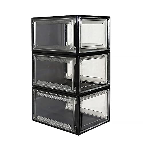 Joonly Shoe Storage Box 3 Pack Shoe Organizer Clear Acrylic Box Stackable Clear Shoe Organizer for Closet Plastic Shoe Boxes with Lids for Men and Women (Black)