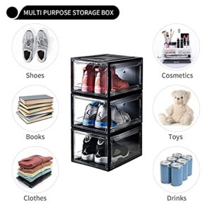 Joonly Shoe Storage Box 3 Pack Shoe Organizer Clear Acrylic Box Stackable Clear Shoe Organizer for Closet Plastic Shoe Boxes with Lids for Men and Women (Black)