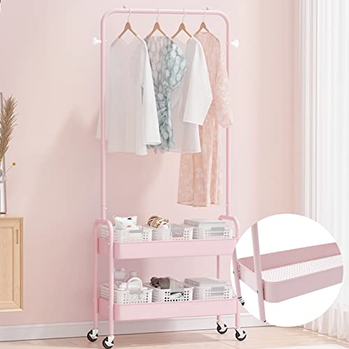 Modern Garment Rack Clothing Stand with 2 Tier Metal Basket and Universal Wheel Square Suit Dress Garment Rack Dress Display Stand Floor Hanger Storage Rack for Home Wedding Clothing Store (Pink)