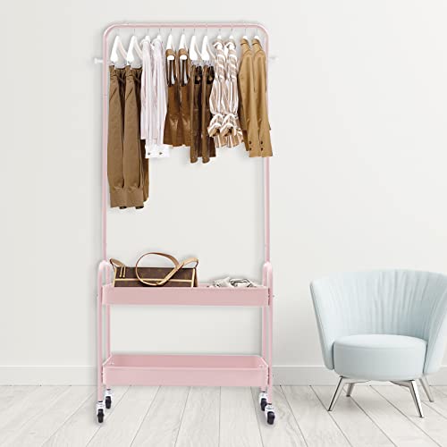 Modern Garment Rack Clothing Stand with 2 Tier Metal Basket and Universal Wheel Square Suit Dress Garment Rack Dress Display Stand Floor Hanger Storage Rack for Home Wedding Clothing Store (Pink)