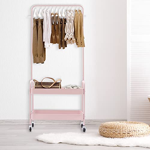 Modern Garment Rack Clothing Stand with 2 Tier Metal Basket and Universal Wheel Square Suit Dress Garment Rack Dress Display Stand Floor Hanger Storage Rack for Home Wedding Clothing Store (Pink)