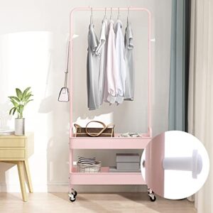 Modern Garment Rack Clothing Stand with 2 Tier Metal Basket and Universal Wheel Square Suit Dress Garment Rack Dress Display Stand Floor Hanger Storage Rack for Home Wedding Clothing Store (Pink)