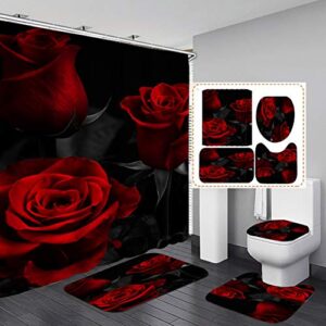 4pcs rose floral shower curtain set with rugs,valentine's day love bathroom accessory sets butterfly shower curtains fabric waterproof bathroom curtains shower sets farmhouse bath curtains