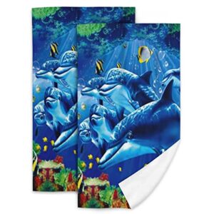 psyu dolphin hand towel set of 2 for bathroom kitchen absorbent soft home face bath towels 27.5 x 16 inches