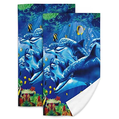 PSYU Dolphin Hand Towel Set of 2 for Bathroom Kitchen Absorbent Soft Home Face Bath Towels 27.5 X 16 Inches