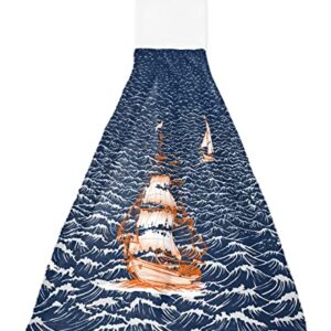 Nautical Adventure Ship Ocean Sailboat Hanging Kitchen Towels Soft Absorbent Hand Tie Towels Set with Hook&Loop,Rough Sea Waters Seascape Tea Bar Dish Cloths Towel for Bathroom Laundry Room BBQ,1pc