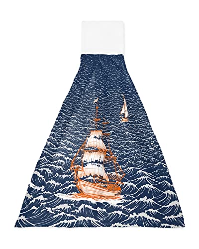 Nautical Adventure Ship Ocean Sailboat Hanging Kitchen Towels Soft Absorbent Hand Tie Towels Set with Hook&Loop,Rough Sea Waters Seascape Tea Bar Dish Cloths Towel for Bathroom Laundry Room BBQ,1pc