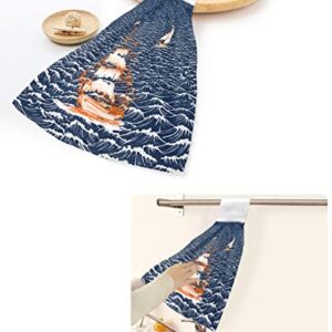 Nautical Adventure Ship Ocean Sailboat Hanging Kitchen Towels Soft Absorbent Hand Tie Towels Set with Hook&Loop,Rough Sea Waters Seascape Tea Bar Dish Cloths Towel for Bathroom Laundry Room BBQ,1pc