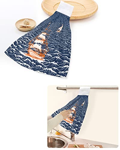 Nautical Adventure Ship Ocean Sailboat Hanging Kitchen Towels Soft Absorbent Hand Tie Towels Set with Hook&Loop,Rough Sea Waters Seascape Tea Bar Dish Cloths Towel for Bathroom Laundry Room BBQ,1pc