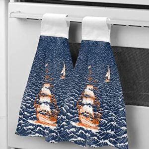 Nautical Adventure Ship Ocean Sailboat Hanging Kitchen Towels Soft Absorbent Hand Tie Towels Set with Hook&Loop,Rough Sea Waters Seascape Tea Bar Dish Cloths Towel for Bathroom Laundry Room BBQ,1pc