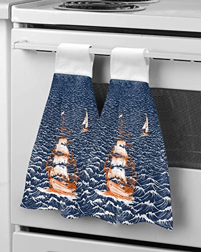 Nautical Adventure Ship Ocean Sailboat Hanging Kitchen Towels Soft Absorbent Hand Tie Towels Set with Hook&Loop,Rough Sea Waters Seascape Tea Bar Dish Cloths Towel for Bathroom Laundry Room BBQ,1pc