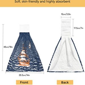 Nautical Adventure Ship Ocean Sailboat Hanging Kitchen Towels Soft Absorbent Hand Tie Towels Set with Hook&Loop,Rough Sea Waters Seascape Tea Bar Dish Cloths Towel for Bathroom Laundry Room BBQ,1pc