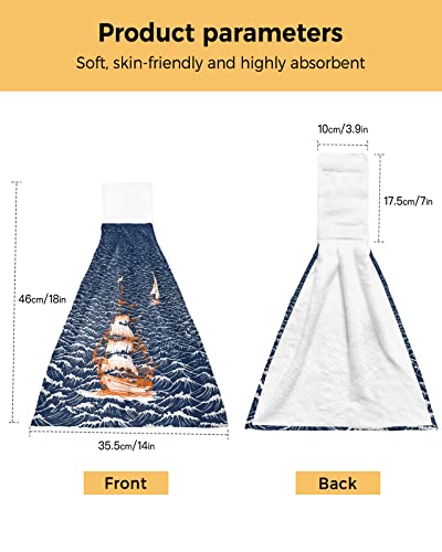 Nautical Adventure Ship Ocean Sailboat Hanging Kitchen Towels Soft Absorbent Hand Tie Towels Set with Hook&Loop,Rough Sea Waters Seascape Tea Bar Dish Cloths Towel for Bathroom Laundry Room BBQ,1pc