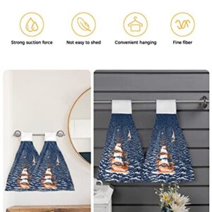 Nautical Adventure Ship Ocean Sailboat Hanging Kitchen Towels Soft Absorbent Hand Tie Towels Set with Hook&Loop,Rough Sea Waters Seascape Tea Bar Dish Cloths Towel for Bathroom Laundry Room BBQ,1pc