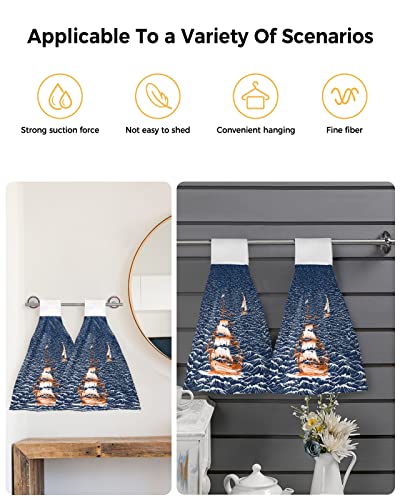 Nautical Adventure Ship Ocean Sailboat Hanging Kitchen Towels Soft Absorbent Hand Tie Towels Set with Hook&Loop,Rough Sea Waters Seascape Tea Bar Dish Cloths Towel for Bathroom Laundry Room BBQ,1pc