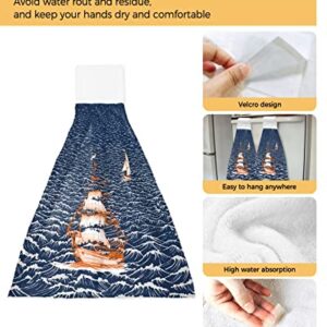 Nautical Adventure Ship Ocean Sailboat Hanging Kitchen Towels Soft Absorbent Hand Tie Towels Set with Hook&Loop,Rough Sea Waters Seascape Tea Bar Dish Cloths Towel for Bathroom Laundry Room BBQ,1pc