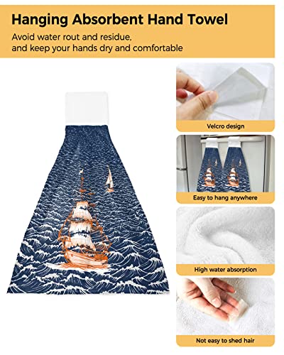 Nautical Adventure Ship Ocean Sailboat Hanging Kitchen Towels Soft Absorbent Hand Tie Towels Set with Hook&Loop,Rough Sea Waters Seascape Tea Bar Dish Cloths Towel for Bathroom Laundry Room BBQ,1pc