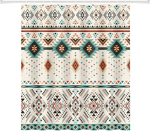 Aztec Shower Curtain Set, Southwestern Native Tribal Navajo American Ethnic Abstract Triangular Geometric Vintage Bath Curtains, Boho Fabric Bathroom Decor Set