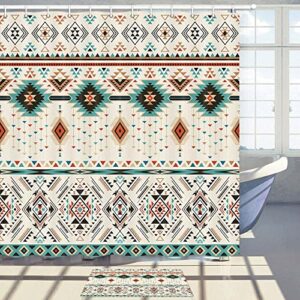 aztec shower curtain set, southwestern native tribal navajo american ethnic abstract triangular geometric vintage bath curtains, boho fabric bathroom decor set