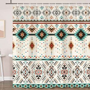 Aztec Shower Curtain Set, Southwestern Native Tribal Navajo American Ethnic Abstract Triangular Geometric Vintage Bath Curtains, Boho Fabric Bathroom Decor Set
