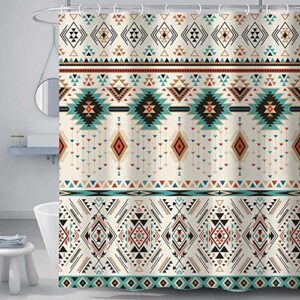 Aztec Shower Curtain Set, Southwestern Native Tribal Navajo American Ethnic Abstract Triangular Geometric Vintage Bath Curtains, Boho Fabric Bathroom Decor Set