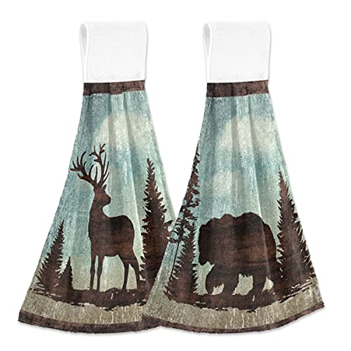 Black Bear Hanging Kitchen Towels Set 2 Pcs - Retro Forest Deer Dish Cloth Tie Towel Absorbent Soft Dry Towel for Bathroom Laundry Room Decor