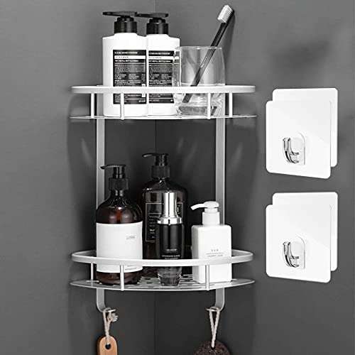 Guaber Shower Caddy Corner Shelf, 2 Tiers Aluminum Alloy Wall Mounted Bathroom Shower Organizer, Self Adhesive Shower Shelf Basket Shampoo Storage Rack with Hooks for Bathroom Toilet Dorm Kitchen