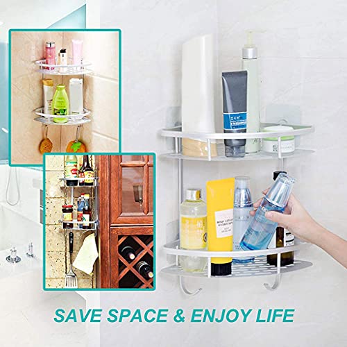 Guaber Shower Caddy Corner Shelf, 2 Tiers Aluminum Alloy Wall Mounted Bathroom Shower Organizer, Self Adhesive Shower Shelf Basket Shampoo Storage Rack with Hooks for Bathroom Toilet Dorm Kitchen