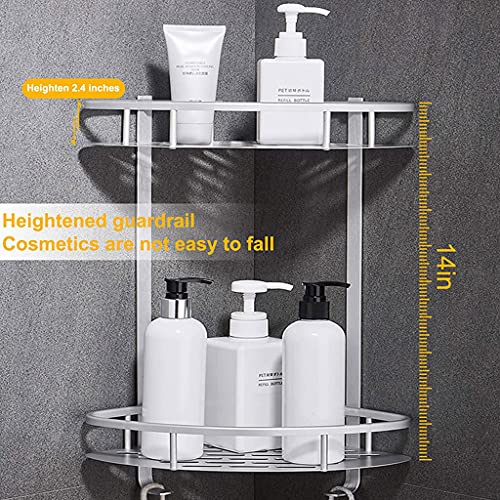 Guaber Shower Caddy Corner Shelf, 2 Tiers Aluminum Alloy Wall Mounted Bathroom Shower Organizer, Self Adhesive Shower Shelf Basket Shampoo Storage Rack with Hooks for Bathroom Toilet Dorm Kitchen