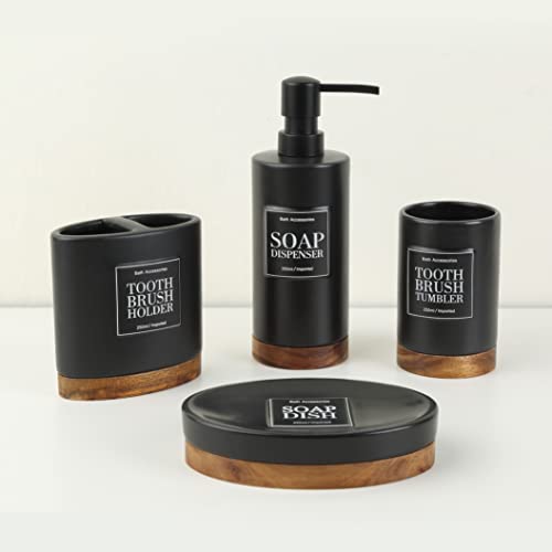 Black Ceramic Bathroom Accessories Set 4 Pieces Include Tumbler Soap Dish Soap Dispenser Toothbrush Holder for Bathroom Decor