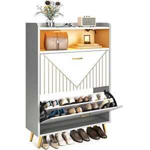aheaplus shoe cabinet with flip doors, shoes storage organizer with motion sensor led light, entryway wood freestanding tipping bucket shoe rack with open shelves for closet,living room, grey&white