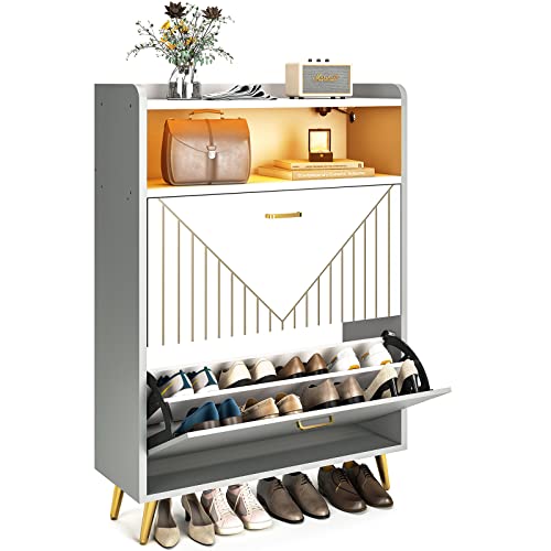 Aheaplus Shoe Cabinet with Flip Doors, Shoes Storage Organizer with Motion Sensor Led Light, Entryway Wood Freestanding Tipping Bucket Shoe Rack with Open Shelves for Closet,Living Room, Grey&White