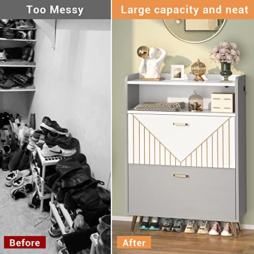 Aheaplus Shoe Cabinet with Flip Doors, Shoes Storage Organizer with Motion Sensor Led Light, Entryway Wood Freestanding Tipping Bucket Shoe Rack with Open Shelves for Closet,Living Room, Grey&White