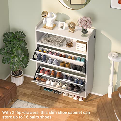 Aheaplus Shoe Cabinet with Flip Doors, Shoes Storage Organizer with Motion Sensor Led Light, Entryway Wood Freestanding Tipping Bucket Shoe Rack with Open Shelves for Closet,Living Room, Grey&White