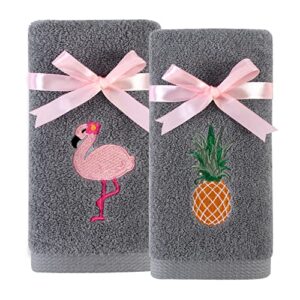 2 pack flamingo pineapple hand towels 100% cotton embroidered premium luxury summer decor bathroom decorative dish towels set for drying, cleaning, cooking, holiday towels gift set 13.4'' x 29.1''