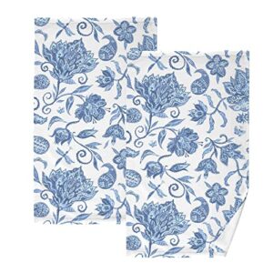 kigai blue white floral hand towels 16 x 28 inches 2pcs bathroom towel set soft absorbent cotton hand towel for gym shower hotel