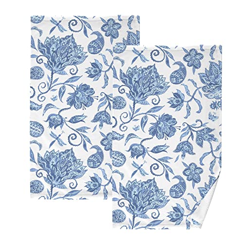 Kigai Blue White Floral Hand Towels 16 x 28 Inches 2PCS Bathroom Towel Set Soft Absorbent Cotton Hand Towel for Gym Shower Hotel