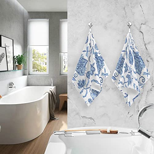 Kigai Blue White Floral Hand Towels 16 x 28 Inches 2PCS Bathroom Towel Set Soft Absorbent Cotton Hand Towel for Gym Shower Hotel