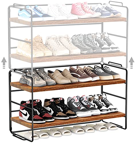 DANCELF Shoe Rack, Metal Shoe Organizer for Closet, Adjustable Free Standing Shoe Storage, Shoe Tower for Entrance Living Room Kitchen, Rustic Brown