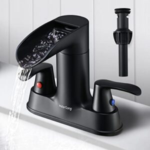 black bathroom faucet 4 inch 2 handle - watersong waterfall bathroom sink faucet with pop-up drain & cupc lead-free water supply hose, centerset 360° swivel spout bathroom faucet, rv farmhouse modern
