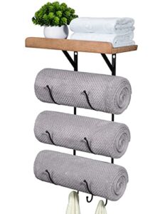 towel rack wall mounted for bathroom, iriijane metal bath towel holder storage hand towels w/wood shelf and 3 hooks for small bathroom organizer decor or rv camper, black
