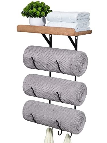 Towel Rack Wall Mounted for Bathroom, IRIIJANE Metal Bath Towel Holder Storage Hand Towels w/Wood Shelf and 3 Hooks for Small Bathroom Organizer Decor or RV Camper, Black