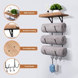 Towel Rack Wall Mounted for Bathroom, IRIIJANE Metal Bath Towel Holder Storage Hand Towels w/Wood Shelf and 3 Hooks for Small Bathroom Organizer Decor or RV Camper, Black