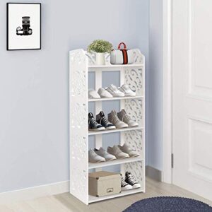 5 tier shoes rack, modern white wood shoe storage shelf space saving shoe display stand, free standing shoes storage tower organizer closet shelves for home living room hallway office