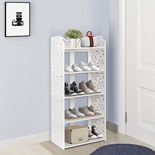 5 Tier Shoes Rack, Modern White Wood Shoe Storage Shelf Space Saving Shoe Display Stand, Free Standing Shoes Storage Tower Organizer Closet Shelves for Home Living Room Hallway Office